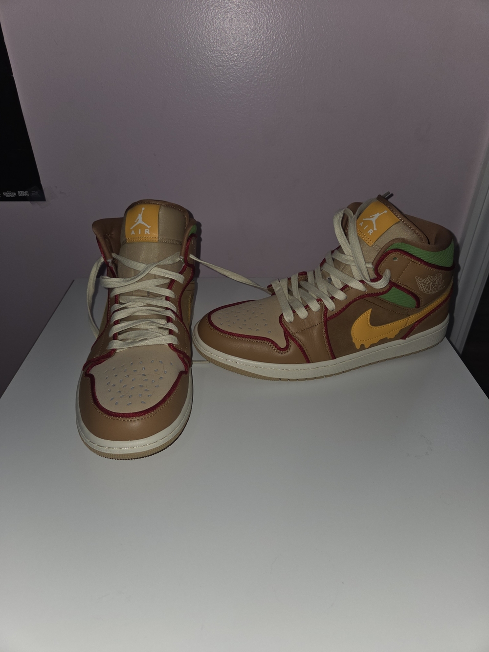 Nike Air Jordan 1 Mid Sneakers - Tan, Yellow, Green, Red Accents